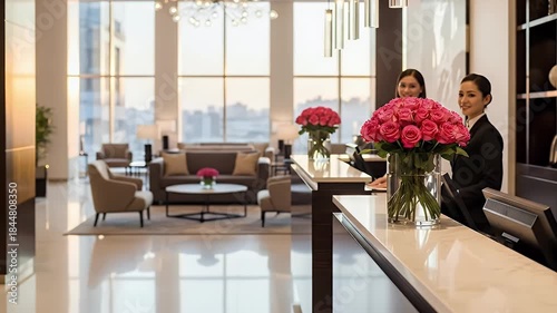 A serene and elegant modern hotel lobby provides a welcoming atmosphere, featuring two professional hospitality staff members at a gleaming front desk. One attendant engages with a digital tablet, whi