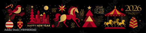 2026. Happy Chinese New Year. Year of the Horse. Elegant abstract geometric banner with festive symbols, decorations, a stylized horse, a carousel, a Christmas tree, a city, a bullfinch, stars