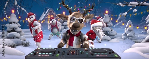 Christmas Party: Funny reindeer DJ, Santa Claus and polar bears dance on a winter holiday background. Animated video for greeting cards, festive events, and New Year’s parties.
