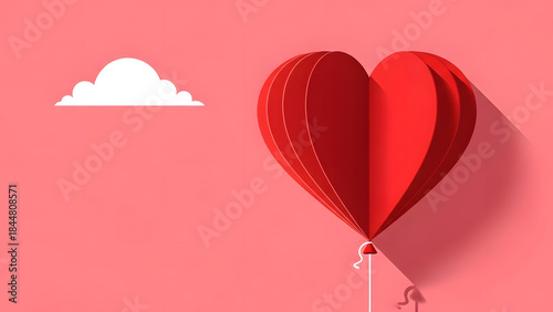 Crimson Paper Heart Balloon with White Cloud on Coral Pink Background Love and Affection Design