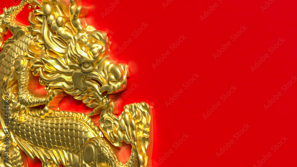 Fototapeta premium Golden Chinese Dragon Emblem on Red Background 3d render.