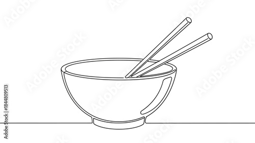 Minimalist Line Drawing of a Bowl with Chopsticks on a Flat Surface for Culinary Art and Design