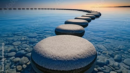A tranquil scene unfolds as a path of perfectly placed, smooth stepping stones gracefully arcs across crystal-clear, shallow waters, receding towards a horizon bathed in the warm, golden glow of dusk 