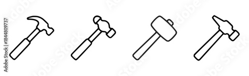 Set of  hammer tool icons in black outline lineart style , showing different hammer types arranged in row with simple shapes for construction repair and craftsmanship concept of building maintenance  