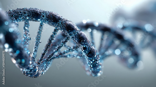 Fototapeta Naklejka Na Ścianę i Meble -  Detailed 3d rendering of a blue dna double helix structure covered in water droplets against a soft light background focusing on molecular biology and genetics conce