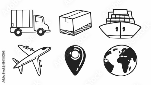 Collection of hand-drawn transportation and delivery icons.