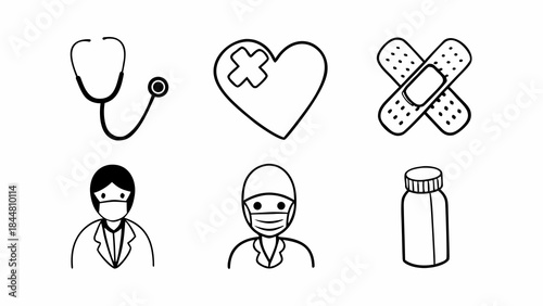 Medical Icons Set Stethoscope Heart Bandage Doctor Pill Bottle.