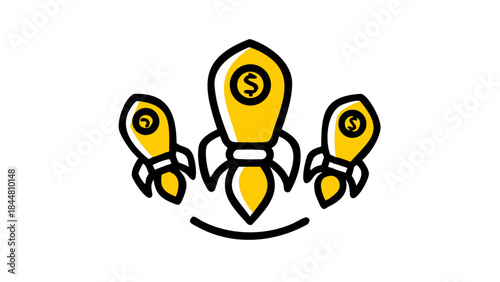 Three yellow rockets with dollar signs launching upwards.