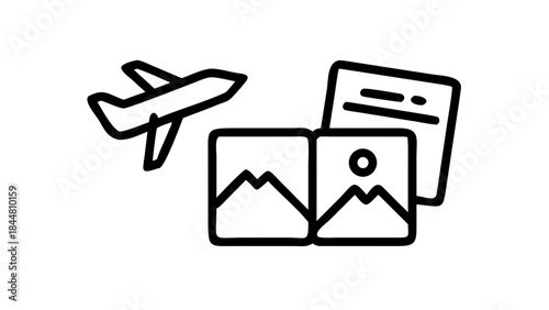 Airplane and travel documents with photos icon.