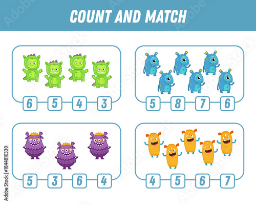 Education game for children count and match of cute cartoon monsters, printable worksheet. Funny monster. Vector illustration
