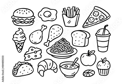 A charming collection of hand-drawn doodle food and drink icons in a simple outline style on a white background — stock vector.