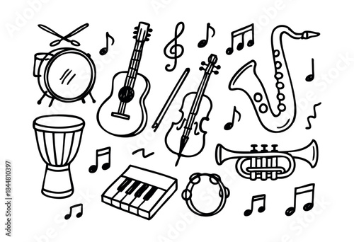 A charming collection of various musical instruments and music notes rendered in a black outline doodle style, perfect for creative designs and educational content — stock vector.