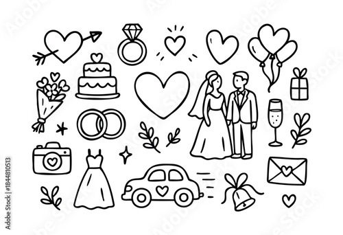 A charming collection of hand-drawn doodle icons representing various wedding and marriage celebration elements, perfect for design projects and invitations — stock vector.