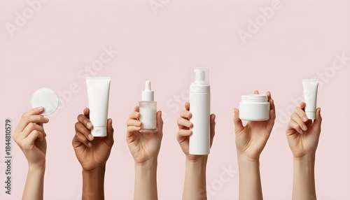 Collection of diverse hands holding various white skincare product containers representing beauty and self-care routines against a soft pink background