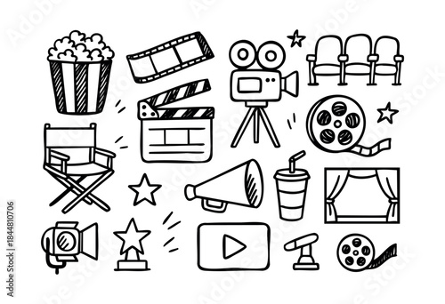 A comprehensive collection of hand-drawn black and white doodle icons representing various elements of cinema, film production, and movie entertainment, isolated on a white background — stock vector.