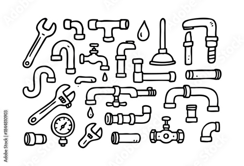 A whimsical collection of hand-drawn doodle plumbing elements including pipes, faucets, wrenches, and tools, ideal for home repair and maintenance designs — stock vector.