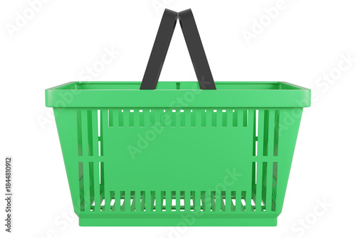 Plastic shopping basket on isolated background. Store empty basket. Supermarket shopping cart. 3d rendering.