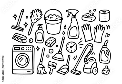 A comprehensive collection of hand-drawn doodle icons representing various cleaning and laundry tools and supplies, perfect for domestic hygiene and home care concepts — stock vector.