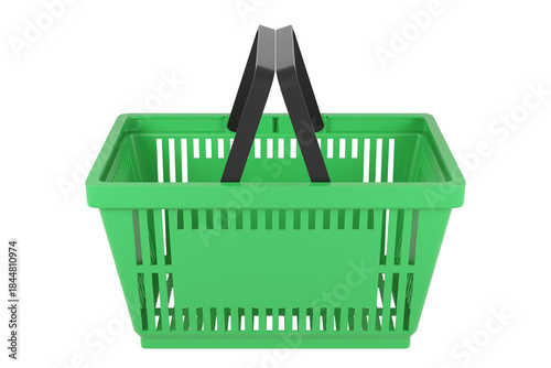 Plastic shopping basket on isolated background. Store empty basket. Supermarket shopping cart. 3d rendering.