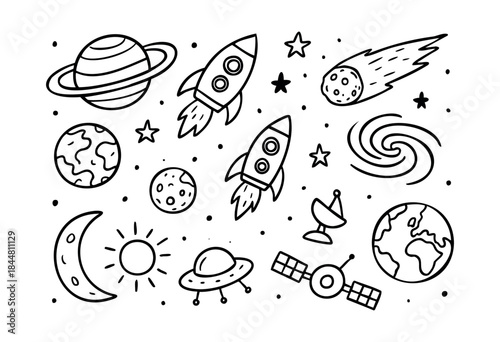 This doodle-style vector illustration features a variety of cosmic elements such as planets, rockets, UFOs, and stars, depicted in a simple black and white outline art style — stock vector.