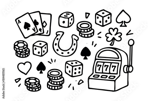 A collection of hand-drawn black and white doodle icons featuring casino and luck symbols like playing cards, dice, chips, a slot machine, horseshoe, and clover — stock vector.