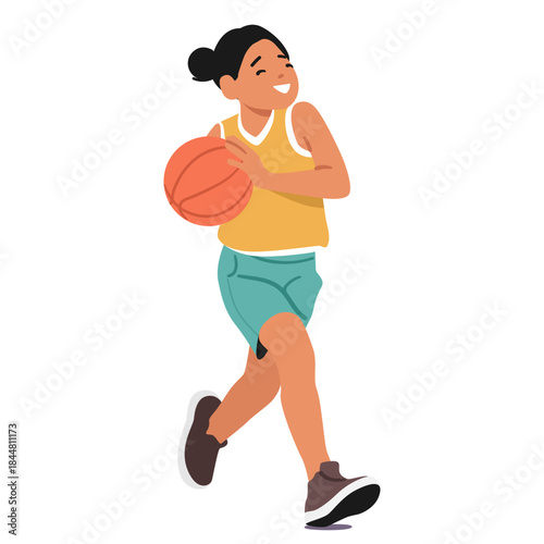 Preteen girl child basketball player wearing uniform running with ball participating in youth league