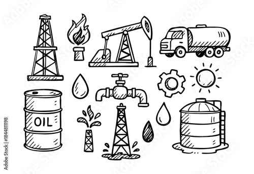 A collection of hand-drawn doodle icons representing the petroleum and energy industry, including oil rigs, barrels, a tanker truck, and pumpjacks on a white background — stock vector.