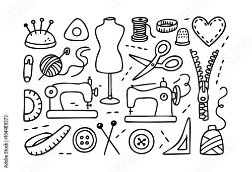 A collection of hand-drawn, black outline illustrations featuring various sewing, tailoring, and crafting tools and supplies arranged on a white background — stock vector.
