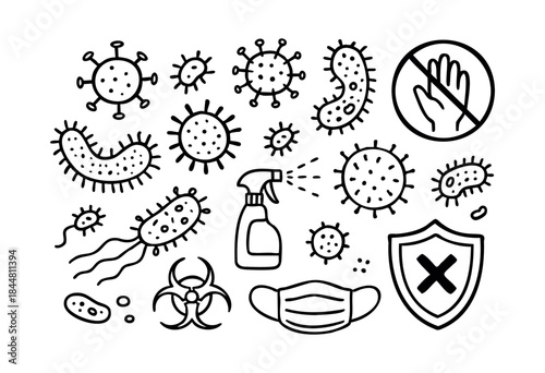 A collection of hand-drawn doodle icons representing viruses, bacteria, hygiene, protection, and prevention measures like masks and disinfectant — stock vector.
