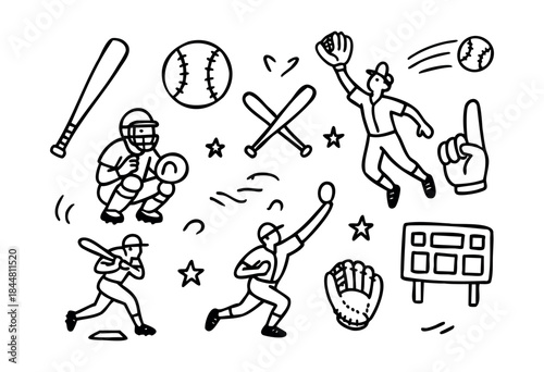 Doodle style baseball elements featuring players, bats, balls, and a scoreboard, rendered in a simple line art drawing — stock vector.