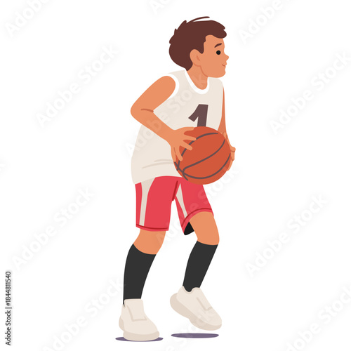 Schoolboy basketball player cartoon character wearing team uniform playing championship match