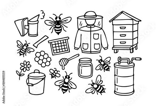 A charming collection of hand-drawn beekeeping tools, products, and bees in a simple black and white outline style — stock illustration.