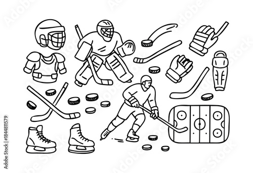 A collection of hand-drawn outline vector elements representing various ice hockey players, gear, and game accessories on a white background — stock vector.