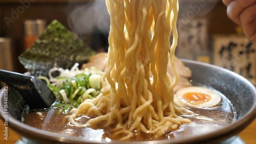 Person lifting steaming hot ramen noodles with chopsticks from a savory Japanese soup bowl