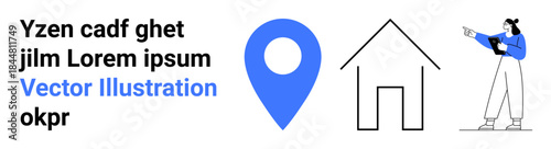 Blue geolocation pin, outline of a house, and a woman pointing while holding a tablet. Ideal for navigation, travel, real estate, analytics, maps, location services simple landing page