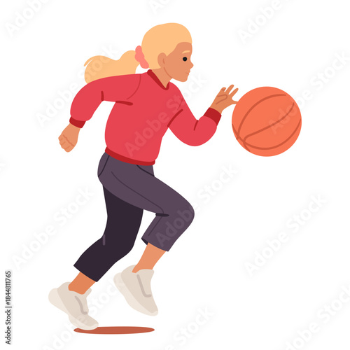 Preteen girl child cartoon character running with ball playing basketball game isolated on white
