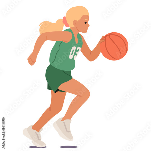 Girl child basketball player cartoon character in uniform participating in sports school competition