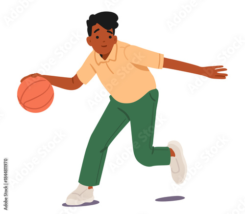 Preteen boy cartoon character dribbling ball playing basketball game isolated on white background