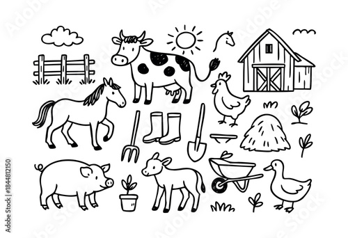A delightful set of hand-drawn farm animals, agricultural tools, and countryside elements in a whimsical black and white sketch style, perfect for children's designs or rustic themes — stock vector.