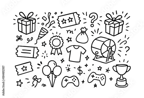 Hand-drawn outline vector illustration featuring various elements like gifts, tickets, trophies, and game controllers, perfect for prize giveaways and entertainment themes — stock vector.