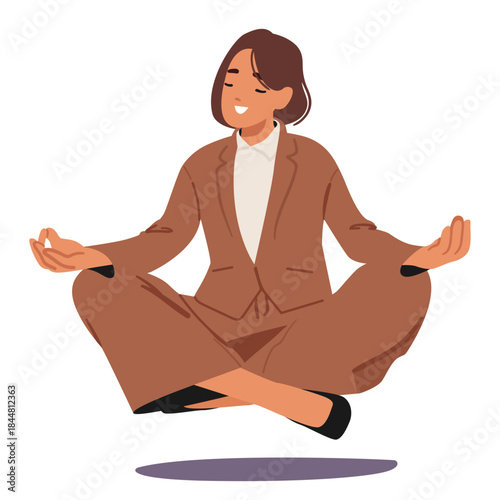 Businesswoman character enjoying meditation for stress relief in levitation pose isolated on white