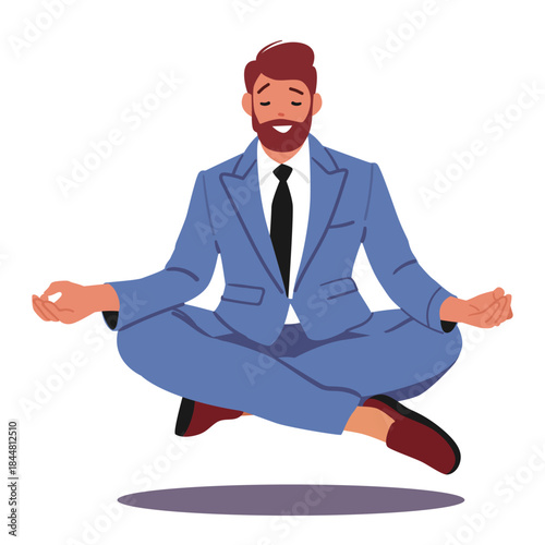Businessman cartoon character levitating in meditation pose finding peace amid business pressure