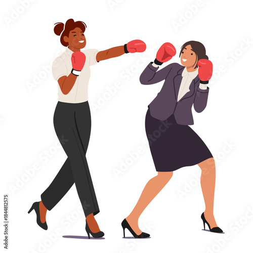 Two professional businesswomen actively sparring in red boxing gloves isolated on white background