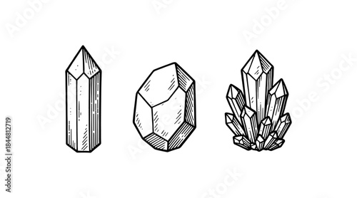 Hand-drawn illustration of crystals in a minimalist, black and white style