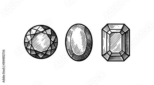 Hand-drawn gemstones in three different shapes on a white background