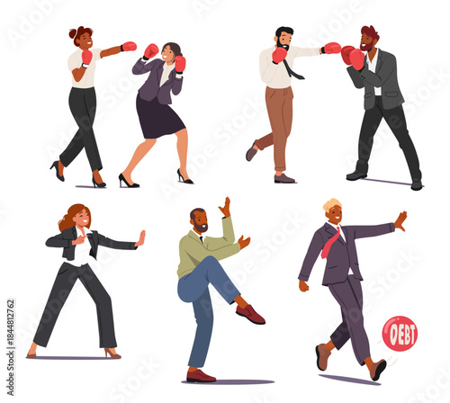 Diverse business people cartoon character making karate kick and punch, boxing, pushing debt ball