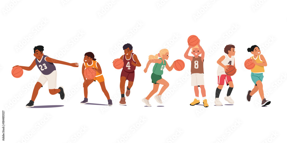 Fototapeta premium Children cartoon character in uniform playing basketball enjoying professional sports activity set