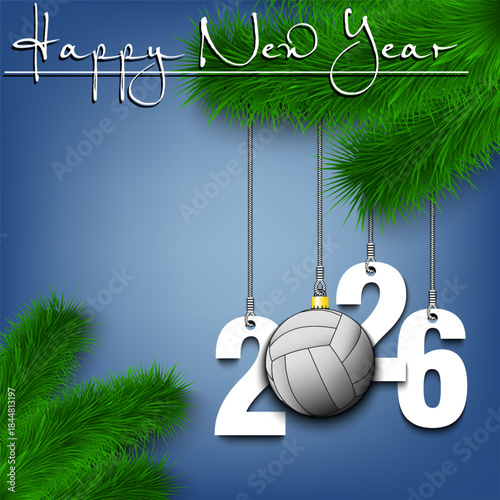 Happy New Year. Numbers 2026 and volleyball ball as a Christmas decorations hanging on a Christmas tree branch. Design pattern for greeting card, banner, poster, flyer, invitation. Vector illustration