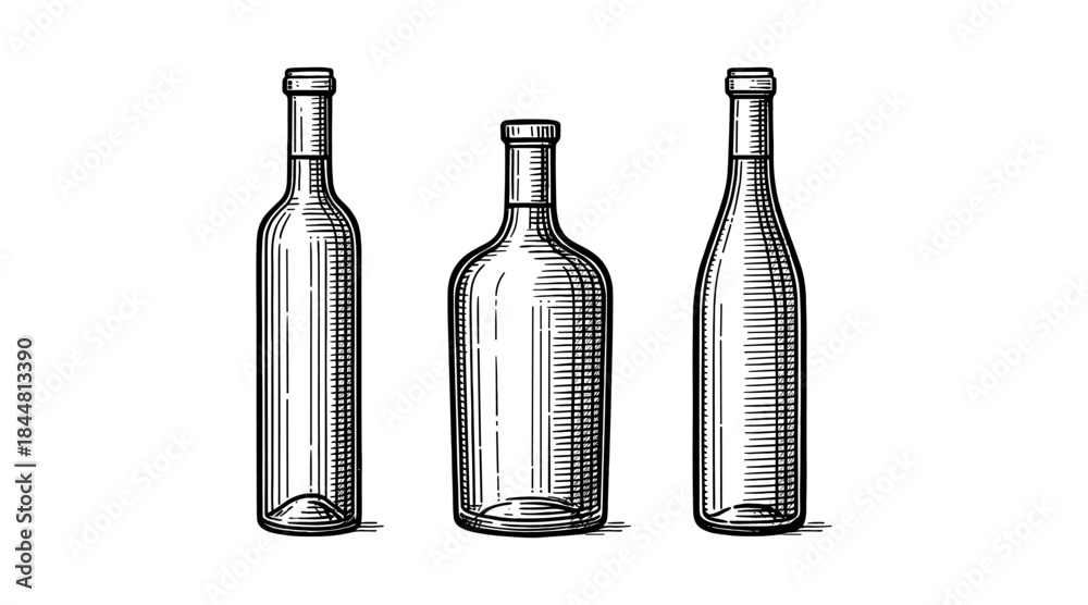 Obraz premium Elegant wine bottle illustrations in a classic engraved style, perfect for design