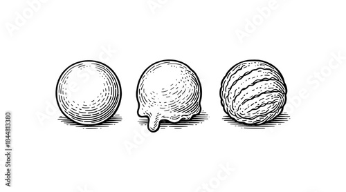 Engraved ice cream scoops in various stages of melting on a white background